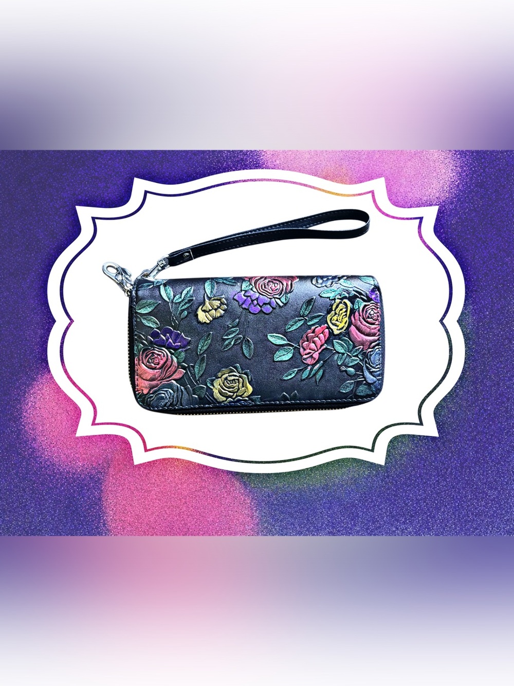 Floral Embossed Black Wristlet Wallet